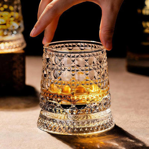 * Rotating Crystal Whiskey Glass 360°, Elegant Star-Cut Bourbon Scotch Wine Glass for Men