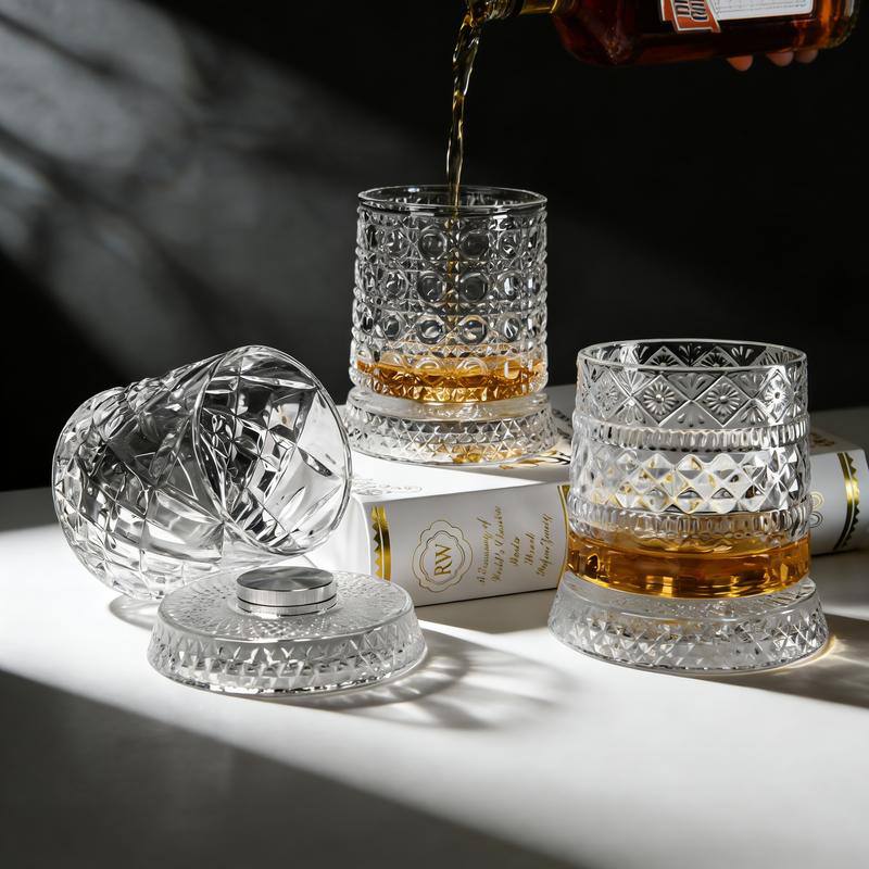 * Rotating Crystal Whiskey Glass 360°, Elegant Star-Cut Bourbon Scotch Wine Glass for Men
